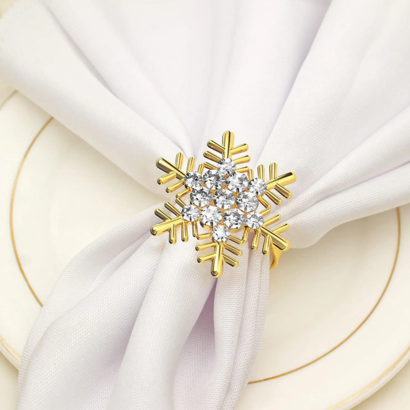 Gold Christmas Snowflake Diamond Napkin Rings – Elegant Holiday Table Decorations