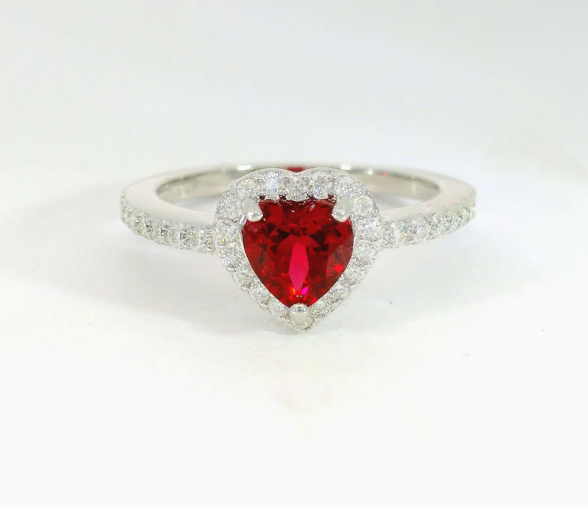 Lab-Grown Ruby Heart-Shaped Engagement Ring – 925 Sterling Silver Bridal Wedding Jewelry