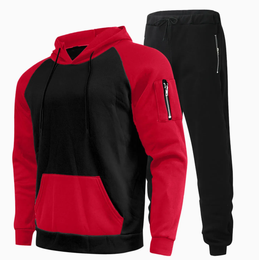 Men's French Terry Tracksuit Set – Fitted Contrast-Color Hoodie & Jogger Pants