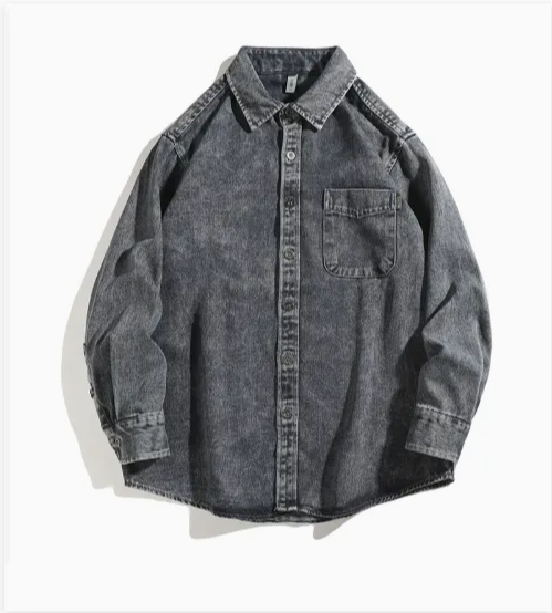 Vintage Washed Denim Shirt – Classic Lapel Collar & Chest Pocket Retro Casual Style