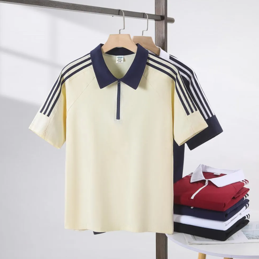 200g Cotton Loose-Fit Off-Shoulder Polo Shirt with Three-Bar Zipper & Embroidery