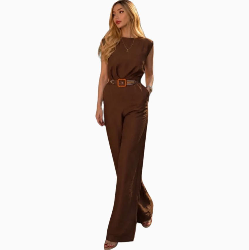 Elegant Women's Satin Boat-Neck Wide-Leg Jumpsuit – High-Waist Belted Formal Party One-Piece