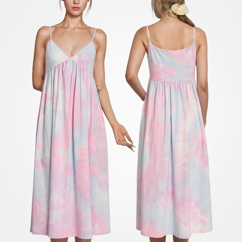 Women's Bamboo Cotton V-Neck Nightgown – Breathable Tie-Dye Sleeveless Summer Sleep Dress