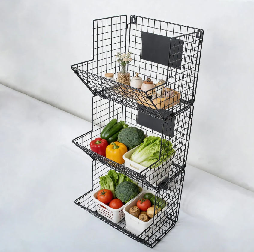 3-Layer Wall-Mounted Metal Wire Storage Basket – Detachable Laundry, Fruit & Vegetable Organizer