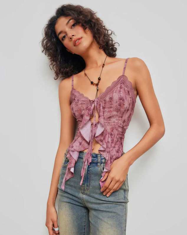 Women's Lace Tie-Front Floral Crop Cami – Spaghetti Strap V-Neck Ruffle Y2K Top