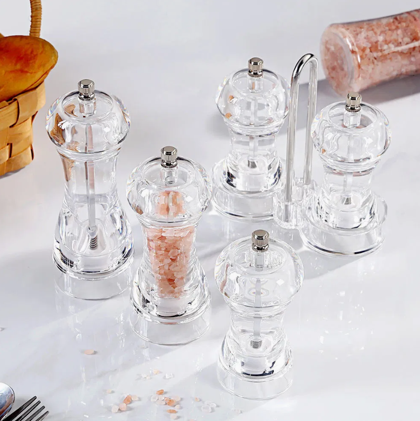 Modern Clear Plastic Salt & Pepper Grinder Set – Round-Top Seasoning Mills for Restaurants