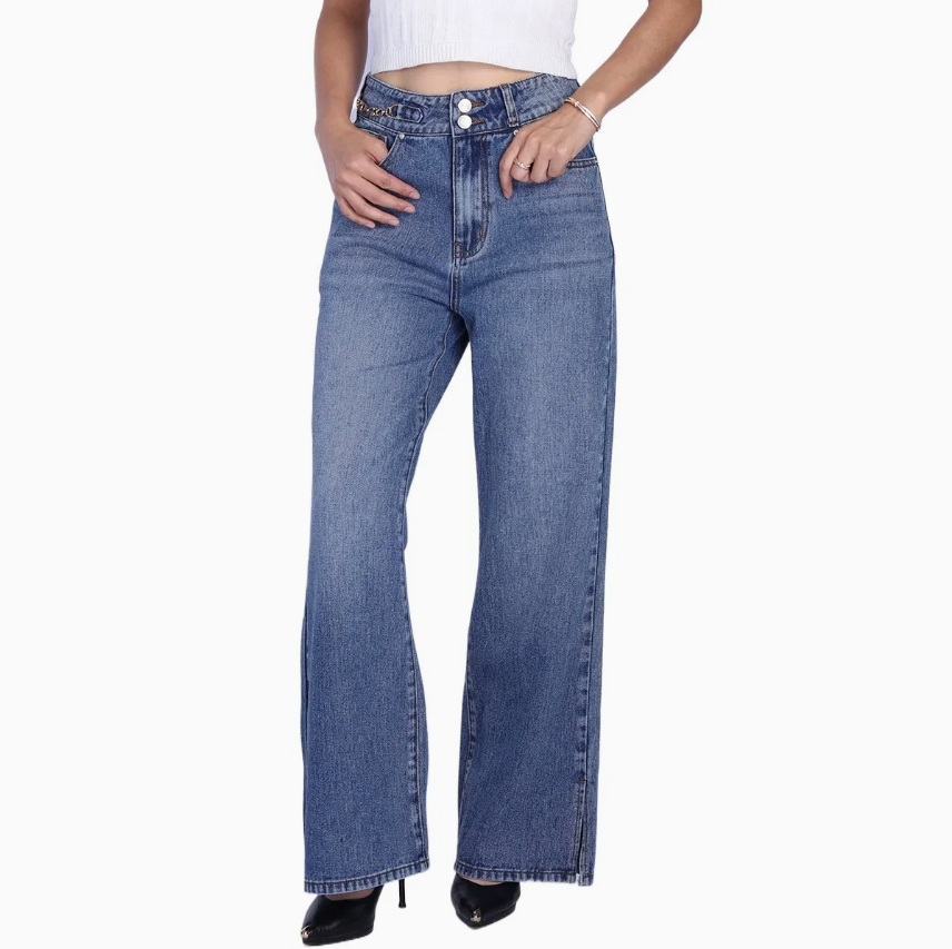 Women's Medium Blue Wide-Leg Boyfriend Mom Jeans – Relaxed Straight Denim