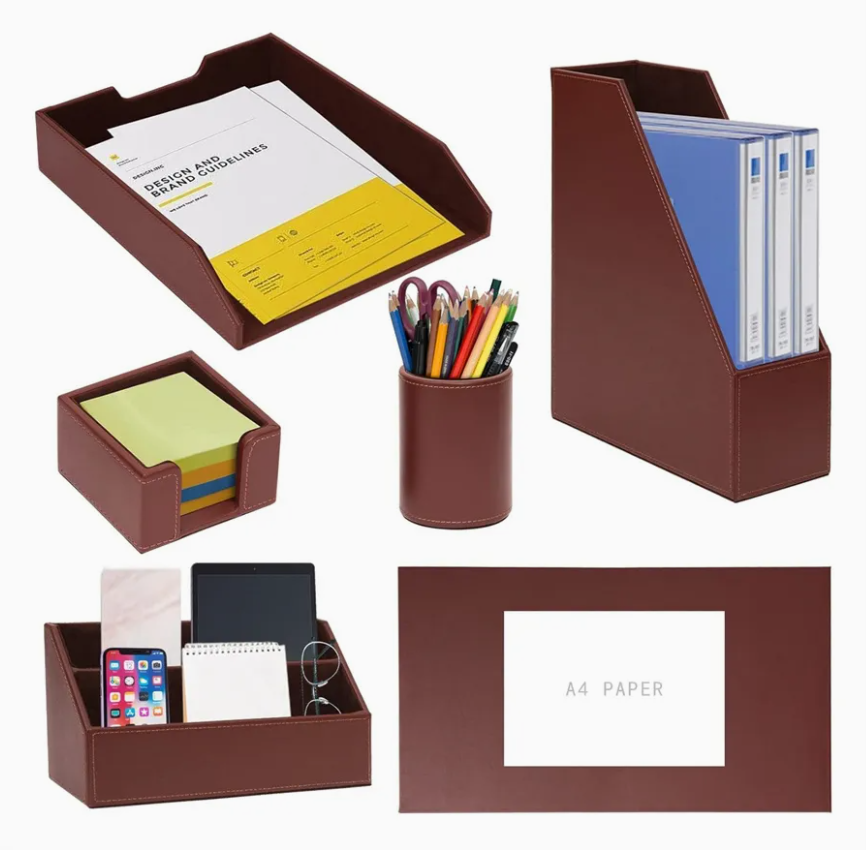 PU Leather Desk Organizer Set – Writing Pad, File & Paper Tray with Magazine Holder