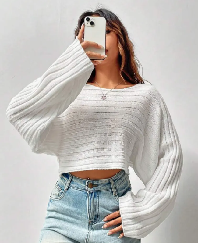 Women's Off-Shoulder Ribbed Cropped Knit Top – Batwing Long Sleeve Casual Sweater